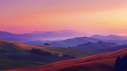 A panoramic vista of rolling hills stretching to the horizon, bathed in the warm hues of twilight.