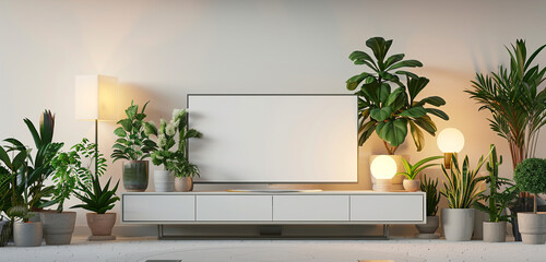 A futuristic TV cabinet with a TV mockup displaying a white screen, adorned with a variety of indoor plants in pots and modern lamps