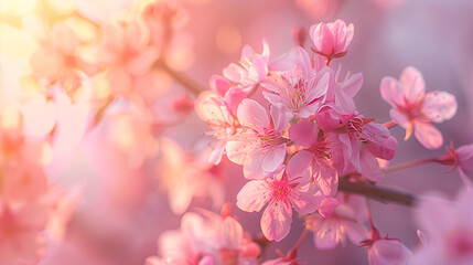 ピンクの花びらと夕焼けがマッチした拡大した桜