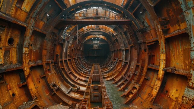 The inside of a large, rusted, and dilapidated building