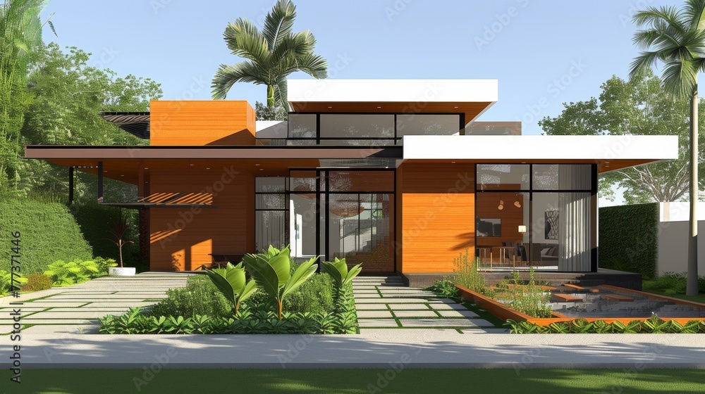 Poster a rendering of a modern house with trees and plants in front, ai