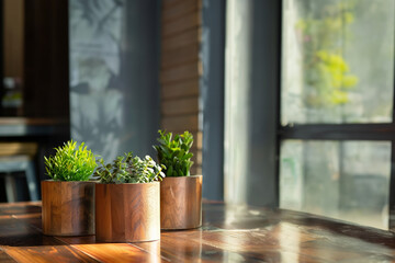 3 vases en bois avec des plantes vertes, en pot sur une table en bois dans une cuisine devant la fenêtre. Végétalisation de l'intérieur des maisons. - obrazy, fototapety, plakaty