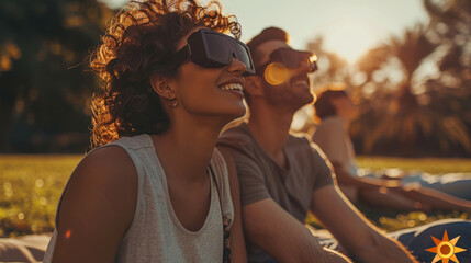 a young couple watching solar eclipse through safe solar viewing glasses outdoors in the park
