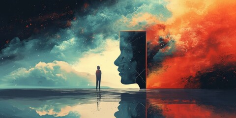 A person standing in front of a door with an open sky behind it, AI