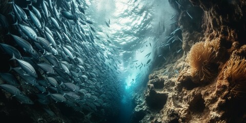 A large group of fish swim through a narrow passage, AI - obrazy, fototapety, plakaty