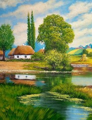 Oil paintings rustic landscape, fine art, old house on the river.  Summer rural landscape, old village, sheaves of wheat on the river bank, reflection in the water. - 777371858