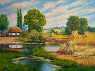 Oil paintings rustic landscape, fine art, old house on the river.  Summer rural landscape, old village, sheaves of wheat on the river bank, reflection in the water. - 777371865