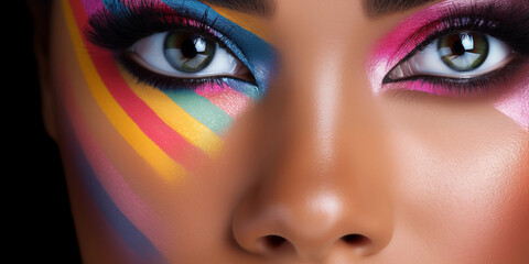 Fashion model in colorful bright lights with trendy make-up. Close-up of woman eye.
