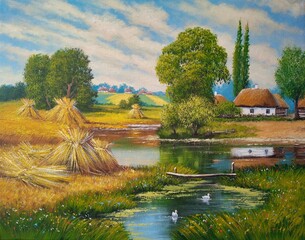 Oil paintings rustic landscape, fine art, old house on the river.  Summer rural landscape, old village, sheaves of wheat on the river bank, reflection in the water. - 777371885