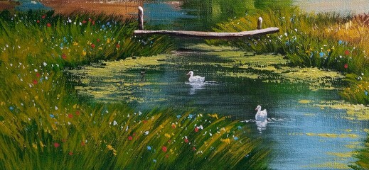 Oil paintings rural landscape, grass, lake, ducks in the pond - 777371896
