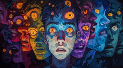 A painting of a group of people with glowing eyes, AI