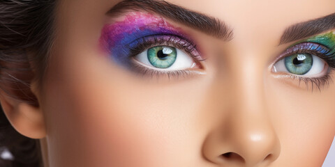 Obraz premium Fashion model in colorful bright lights with trendy make-up. Close-up of woman eye.