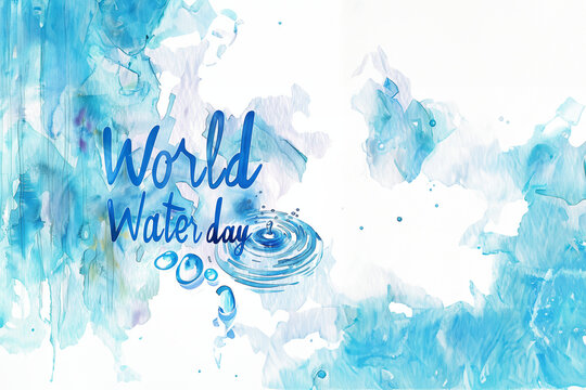 gouttes d'eau tombant en goutte à goutte sur un fond bleu aquarelle, en faisant des ondulations avec le texte en anglais "World water day",  22 mars, journée mondiale de l'eau