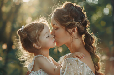 Fototapeta na wymiar Beautiful young mother kissing her little daughter, white dress, brunette hair