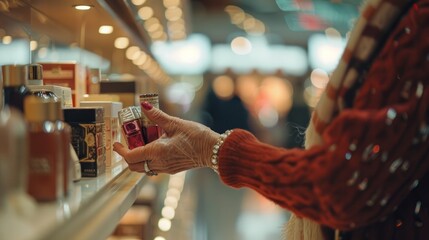 Person in red sweater examining a perfume bottle at a fragrance counter in a store with other products in background. - obrazy, fototapety, plakaty