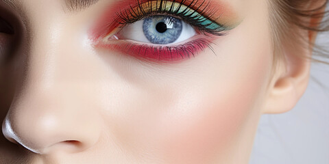 Obraz premium Fashion model in colorful bright lights with trendy make-up. Close-up of woman eye.