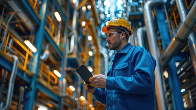 A man in a blue jacket is wearing a yellow helmet and holding a tablet
