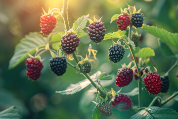 berries of blackberry bush - obrazy, fototapety, plakaty