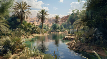 A secluded oasis hidden deep within the desert, with lush vegetation thriving around a tranquil watering hole.