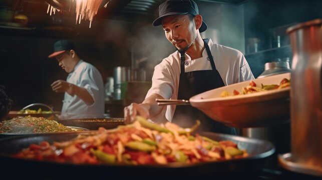 portrait of people cooking healthy vegetarian chinese food