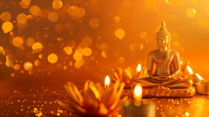 Buddhist banner featuring a Buddha statue, candles, and an orange background inspires inner peace and reflection, surrounded by shimmering bokeh and sparkle, with free space