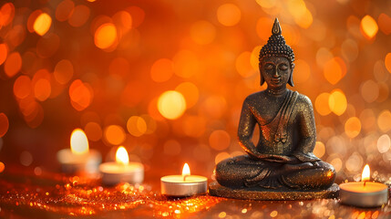 The image of Buddha and candles on a banner, surrounded by shimmering bokeh and sparkle, fills the heart with harmony and spirituality, with free space