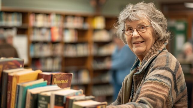 Elderly woman with glasses and gray hair browsing books in a library aisle, looking back over her shoulder, smiling.