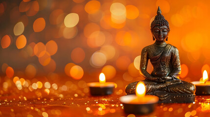 Fototapeta premium The glow of candles and the wisdom of Buddha on an orange background create a magical atmosphere, surrounded by shimmering bokeh and sparkle, with free space