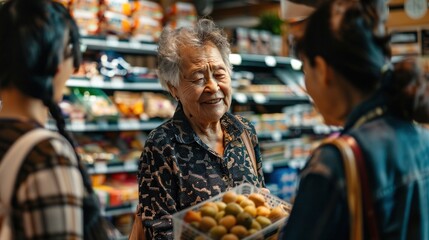 Fototapeta na wymiar Elderly woman smiling while holding a basket of fruit, chatting with another person in a colorful grocery store aisle.