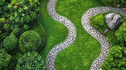 Gardens beauty, cobblestone path curving through green grass, harmonious design, aerial perspective, serene mood