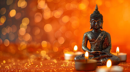A banner created for Vesak Day with a Buddha statue, candles, and an orange background reflects joy and serenity in this special day, surrounded by shimmering bokeh and sparkle, with free space