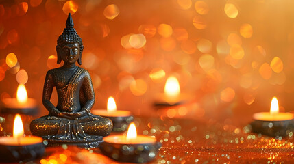 A banner created for Vesak Day with a Buddha statue, candles, and an orange background reflects joy and serenity in this special day, surrounded by shimmering bokeh and sparkle, with free space