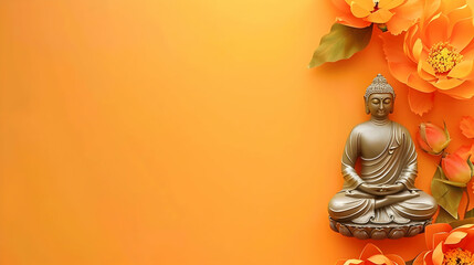 buddha statue and lotus flowers on orange background with copy space, banner for buddhist holiday