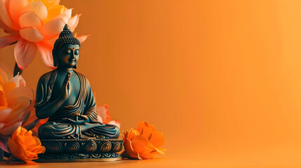 Against an orange backdrop, the Buddha statue emanates a sense of calm and enlightenment