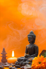 A banner marking Vesak Day with a Buddha statue, candles, and orange glow brings a sense of peace and enlightenment