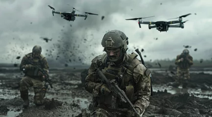 Foto op Plexiglas soldiers in the mud, fighting an army of drones flying overhead © Kien