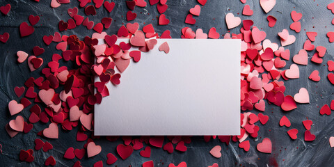 A blank white card  on red and pink hearts  background, valentines day, banner