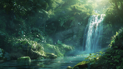 A secluded waterfall hidden deep within the jungle, its pristine waters cascading down moss-covered...