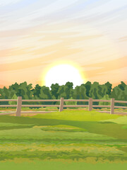 A green meadow and thickets of bushes in a wooden fence. Pasture or paddock. Realistic vector landscape