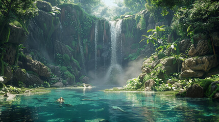 A secluded waterfall hidden deep within the jungle, cascading down moss-covered rocks into a...