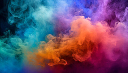 Intricate shapes of smoke against backdrop of diverse colors. Colorful cloud.
