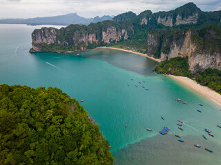 An aerial view of a Railay beach of water surrounded by mountains