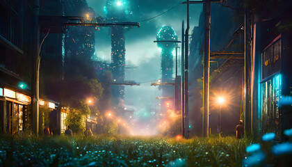 Abstract flower garden, grimy, rainy, smoky dystopian city on a narrow street with crowds on digital art concept.