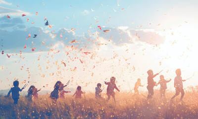 Group of happy kids playing with flying kite in field at sunset. International Children's Day. Documentary trend, true life