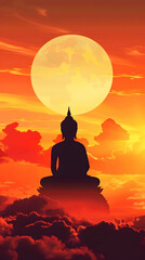  Vesak day banner with copy space, silhouette of buddha against the background of clouds illuminated by the dawn sun with space for text
