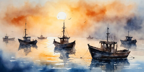 Watercolor painting of fishing boats at sea during sunrise