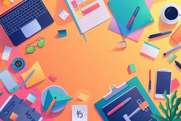 Lively illustrations show a well-organized workspace. inspirational elements