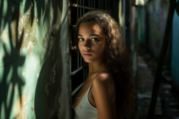 Naklejka premium Gorgeous Brazilian woman, Model posing in the streets of Rio de Janeiro, Brazil looking intensive