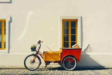 Fototapeta na wymiar Colorful cargo bike with parcels parked against a white wall