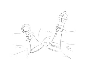 A hand-drawn concept of a chess battle. Chess pieces drawn with thin outline. Vector illustration.